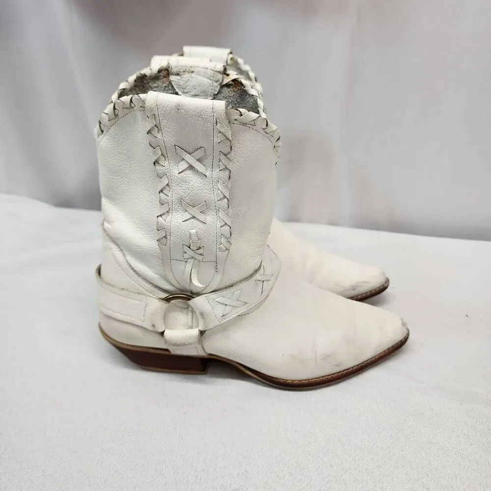 Women's 6 White Leather Braided Short Ankle Western Cowboy Boots Vintage
